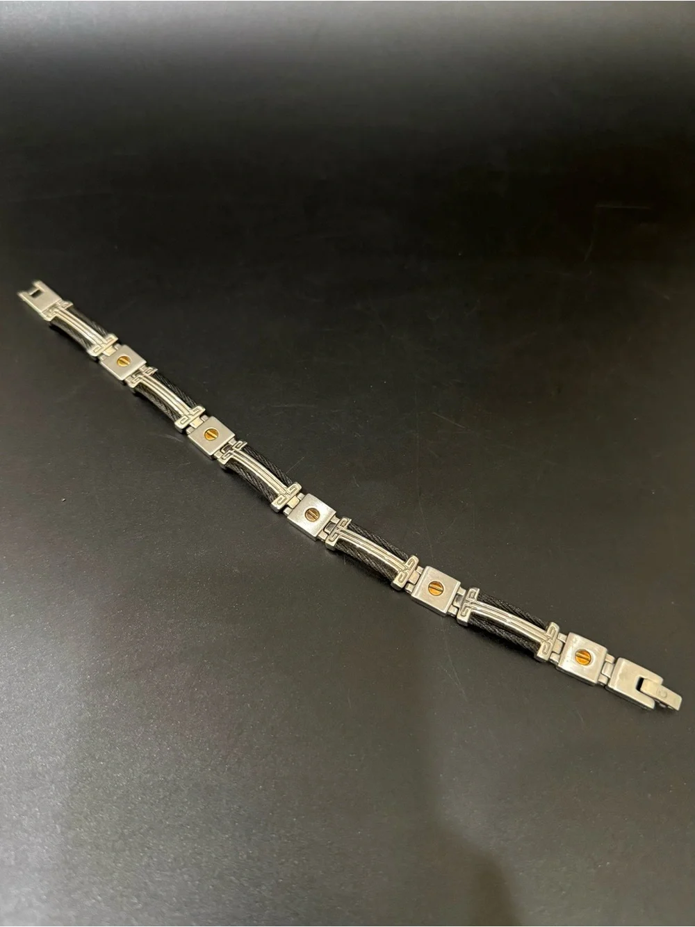 Signed 14K Stainless Steel Black Wire Cable Link Gold Screws 9” Men’s Bracelet
